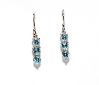 Blue Topaz Silver Dangling Three Hearts Earrings