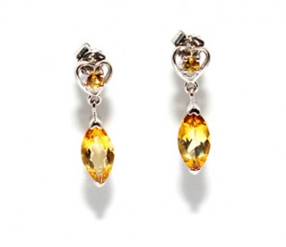 Citrine Silver Heart Drop Earrings