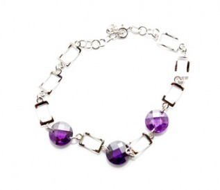 Purple Cz Silver Rectangle Link Bracelet