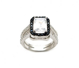 Emerald Cut CZ Silver Black And White Ring