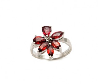 Pear & Marquise Garnet Silver Flower Ring