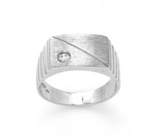 Men's Silver Signet Ring with CZ in Brushed Finish