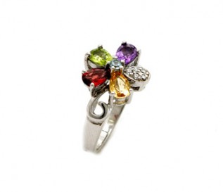 Multi Gemstone Silver Flower Ring