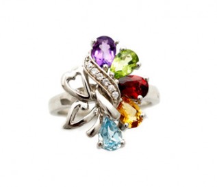 Multi Gemstone Silver Heart & Flower Ring