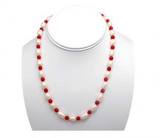 7-8mm White Pearl Necklace with Coral