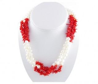 6-7mm White Pearl 3 Strand Necklace with Coral