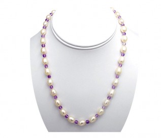 7-8mm White Pearl Necklace with Amethyst