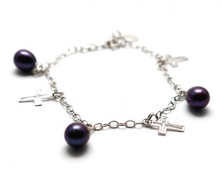 Black Pearl Silver Hanging Cross Bracelet