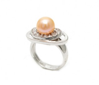 Peach Freshwater Pearl Cz Silver Multilevel Ring