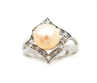 Peach Freshwater Pearl Cz Silver Vintage Design Ring