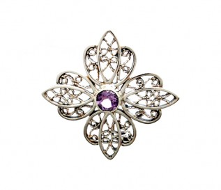 Sterling Silver Filigree Amethyst Brooch