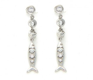 Cz Silver Dangling Fish Earrings