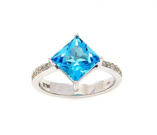 14ct White Gold Princess Blue Topaz Ring with 0.23ct Diamonds