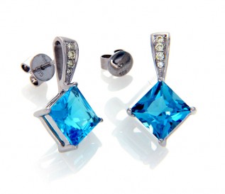 14k White Gold Blue Topaz 0.12ct Diamond Earrings