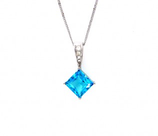 14k White Gold Blue Topaz Diamond Pendant